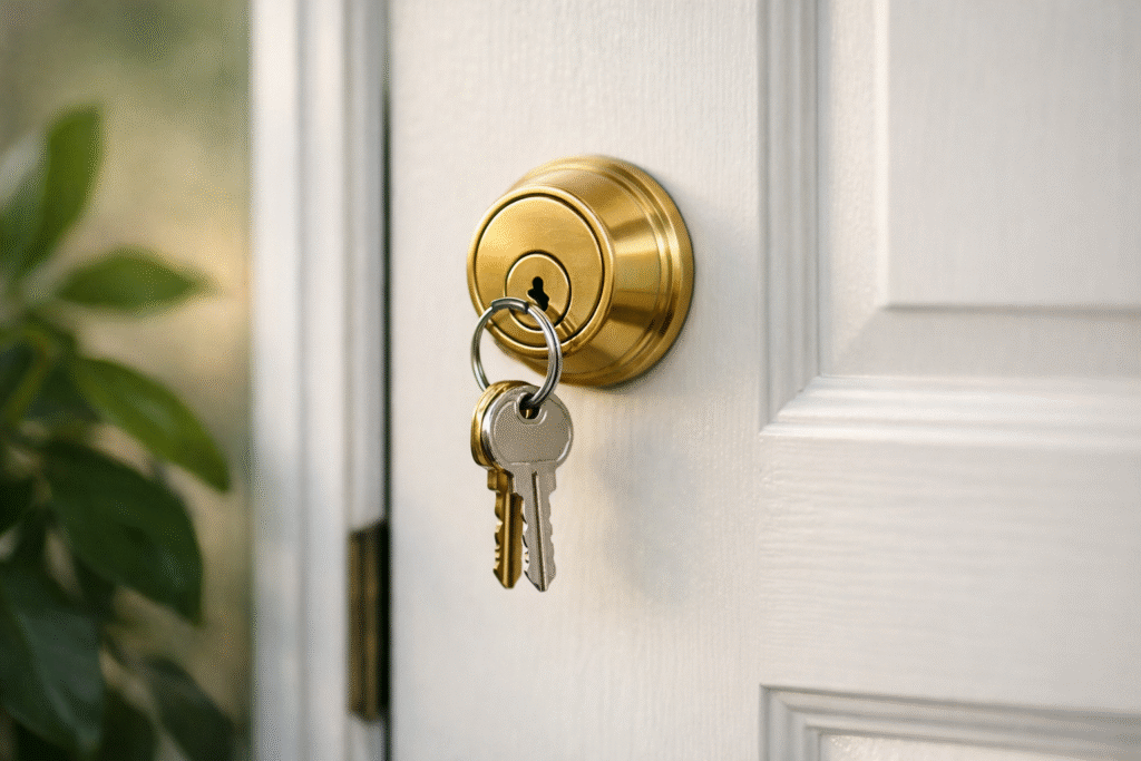 Brass deadbolt with new house keys hanging from the lock on a white front door after rekey service