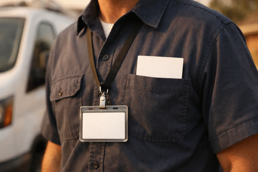 Professional licensed locksmith wearing uniform with ID badge on lanyard standing beside service van