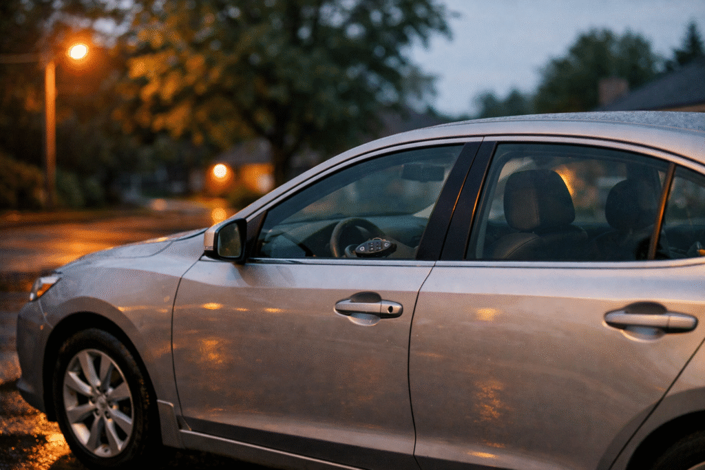 Silver sedan parked on a suburban street at dusk with keys visibly locked inside on the driver seat