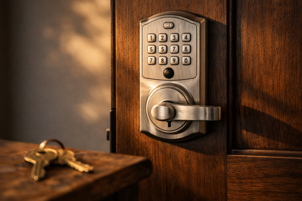 Modern satin-nickel smart lock keypad installed on a dark walnut front door beside brass house keys